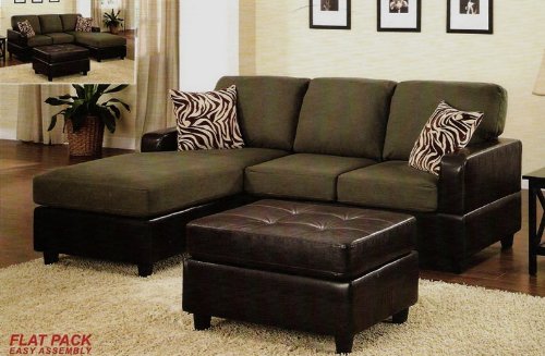 3 pcs Sectional Sofa Set with Accent Pillows and Faux Leather Ottoman in Sage