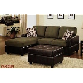 3 pcs Sectional Sofa Set with Accent Pillows and Faux Leather Ottoman in Sage