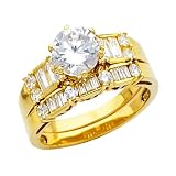 14K Yellow Gold Round Round & Baguette CZ Cubic Zirconia Wedding Engagement Ring and Wedding Band 2 Two Piece Set
