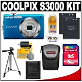 Nikon Coolpix S3000 12.0 Megapixel Digital Camera with 4x Optical Zoom (Blue) with + 8GB Card + (2) EN-EL10 Batteries + Tripod + Case + Accessory Kit