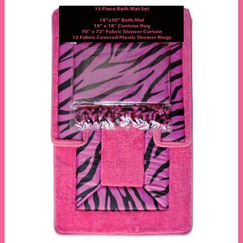 Black and Pink Zebra 15-piece Bathroom Set: 2-rugs/mats, 1-fabric Shower Curtain, 12-fabric Covered Rings.