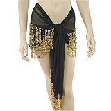 Chiffon Belly Dancing Hip Wrap Scarf with 3 Rows of beaded fringe and bellydance coins - Available in 3 color combinations