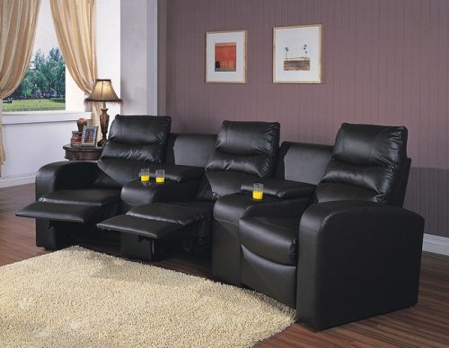 3 seater black top grain leather home theater seating group with recliners and cup holders