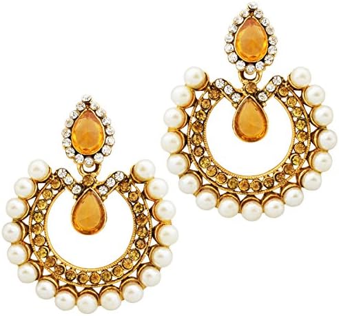 Bollywood Inspired Designer Handcrafted Indian Drop Shaped Dangler Earrings - Citrine Color