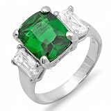 2.50 CT Three Stone Sterling Silver Ladies Emerald Shape Green Emerald Cubic Zirconia CZ Classic Engagement ring 0.41 inch (Available in size 5, 6, 7, 8)