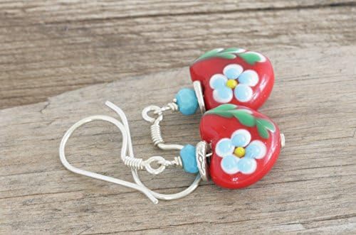 Lampwork HEART Genuine Turquoise Sterling and Hill Tribe Silver Dangle Artisan Earrings