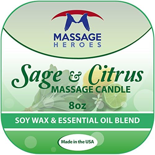 Scented Candles by Massage Heroes - 8 oz Sage & Citrus Massage Candle Made in the USA with Soy Wax & Essential Oil Blend - Best for Stimulating Aromatherapy & Moisturizing Body Oil for Massages