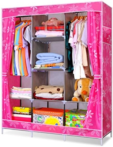 Suily Portable Folding Flower Pattern Side-Sliding Door Design Clothes Wardrobe Pink