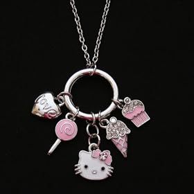 Hello Kitty Pink Ice Cream & Crystals Multi Charm Silver Tone Necklace - Matching Earrings Also Available
