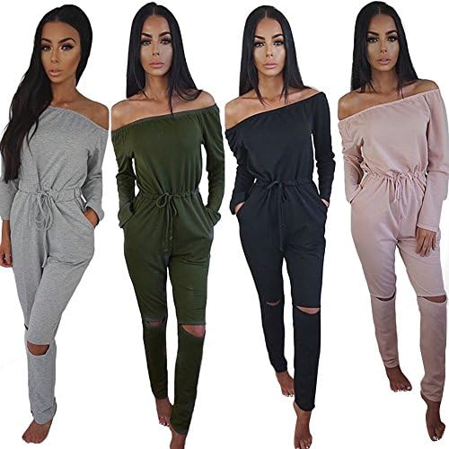 ZHU Womens Off Shoulder Loungewear Jumpsuit Romper Long Sleeve Set Playsuit Army Green