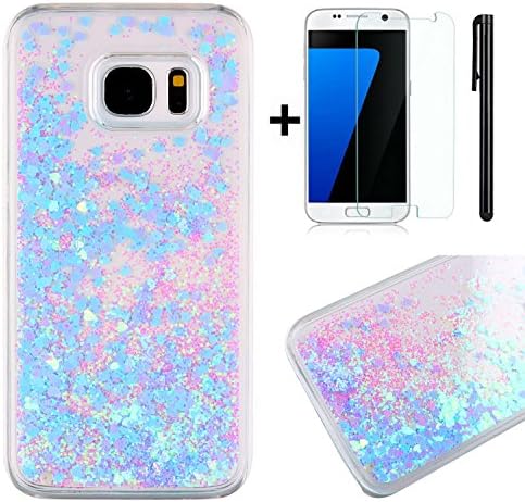 Galaxy S7 Edge Case,Tebey [Liquid Flowing] Ultra Thin [Glitter] Bling Back Case Cover for S7 Edge,Hard Case Floating Sparkle Star Quicksand Case for Samsung Galaxy S7 Edge-Bling Hearts