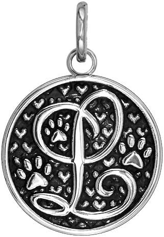 L - Large Solid 925 Sterling Silver with Black Finish Szira Collection Paw and Hearts Monogram Initial L Charm, Pendant, Key Ring, for Dog, Cat or Person