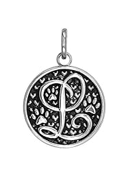 L - Large Solid 925 Sterling Silver with Black Finish Szira Collection Paw and Hearts Monogram Initial L Charm, Pendant, Key Ring, for Dog, Cat or Person