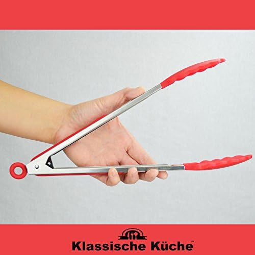 Klassische Kuche (TM) Professional Grade Stainless Steel & Silicone Flatware Tongs - Red