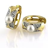 Pearl and Diamond Hoop Earring in 14k Yellow Gold (closeout)