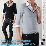 【Glenmist】サテンリボン切替フェイクレイヤード七分袖カットソー（メンズ・シャツ）(702014)