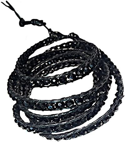 All Black Gemstone Crystal - Black Leather Wrap Bracelet 5x Wrap Around for Women
