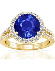 14K Yellow Gold Round Cut Blue Sapphire Ring With Sidestones