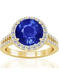 18K Yellow Gold Round Cut Blue Sapphire Ring With Sidestones