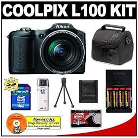 Nikon Coolpix L100 10 Megapixel Digital Camera (Matte Black) with 15x Optical Zoom + AA Batteries + 4GB Card + Case + Accessory Kit