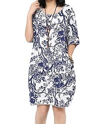 Round Neck General Print  Summer Cotton/Linen Elbow Length Sleeves  Dress With a Bow(s)