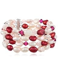4 Piece Multi-Rose Baroque Freshwater Cultured Pearl, Rose Quartz and Swarovski Element Bicone Stretch Bracelet Set, 7.5"
