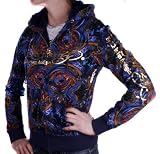 ED HARDY by Christian Audigier Womens Tattoo Hoodie Jacket Sweatshirt Fur Lined Blue