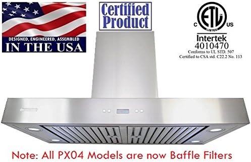 XtremeAir PX04-I42, 42" wide, LED lights, Both Side accessible Control, Swing-able Flat Filters, 1.0mm Non-Magnetic Stainless Steel Seamless Body, Island Mount Range Hood
