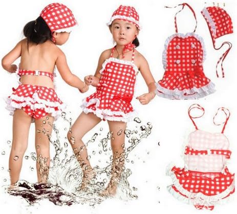 LYTOOMOY Baby Girl's Red and White Grids One Piece Swimsuit With Cap Color Red Size 4T