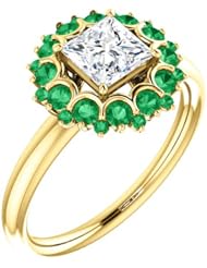 10K Yellow Gold Princess Cut Diamond and Emerald Flower Inspired Ring -- LIFETIME WARRANTY