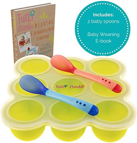 Fall Sale - TUTTI BIMBI Baby Food and Breastmilk Storage Container for Puree and Baby Led Weaning - Mom approved Freezer Tray with Silicone Clip-on Lid - BPA Free - 2 Heat Sensitive Spoons