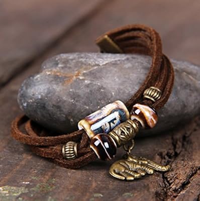 Winter's Secret Retro Brown Leather Rope Handmade Ceramic Elephant Pendant Adjustable Bell Bracelet
