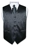 Mens Black Paisley Design Dress Vest and NeckTie Set for Suit or Tuxedo