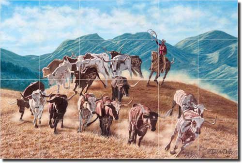Longhorns by Ralph Delby - Cowboy Steers Ceramic Tile Mural 17