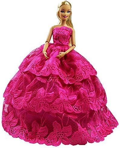 Handmade Quality Multi-layer Princess Wedding Party Gown Dress for Barbie Clothes Gift- ROSE PINK COLOR