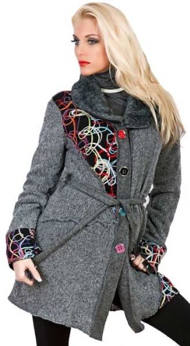 Designer Strickmantel Jacke grau o schwarz Material-Mix, Größe :X-L; Farbe:Grau