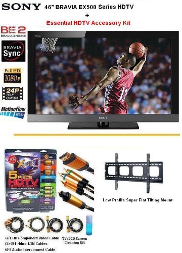 Brand New Sony Bravia KDL 46EX500 Series HDTV 1080p LCD 46 Inch HDTV With The Essential HDTV Accessory Kit Includes Dedicated Tilting Wall Mount + (2) 6FT Hdmi 1.3B Cables, 6FT Audio Interconnect Cable Screen Cleaner