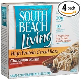 South Beach Living High Protein Cereal Bars, Cinnamon Raisin, 5-Count Bars (Pack of 4)