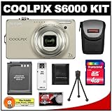 Nikon Coolpix S6000 Digital Camera 14 MP Digital Camera with 7x Optical Zoom (Champagne Silver) with 4GB Card + Battery + Case + Accessory Kit