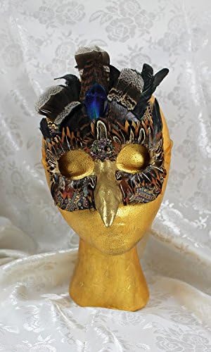 Brocade and Feather Handmade Papier Mache Bird Masquerade Mask
