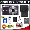 Nikon Coolpix S630 12 Megapixel Digital Camera (Royal Purple) with 7x Optical Zoom + EN-EL12 Battery + 8GB Card + Leather Case + Accessory Kit