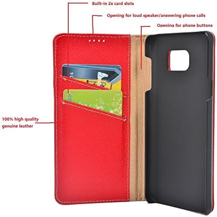 Samsung Galaxy Note 5 Case, EMOXION Genuine Leather Case for Samsung Galaxy Note 5, Wallet Case Series Flip Cover Book Design with Stand Feature and Credit Card Compartments, Magnetic Closure (Red)
