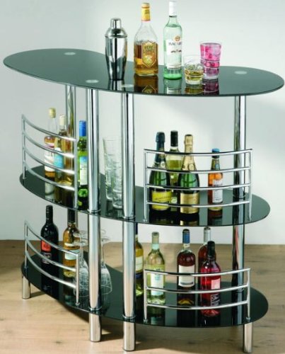 BLACK GLASS 3 TIER CURVED BAR TABLE SERVE UNIT CHROME