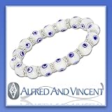 Evil Eye Murano Glass Judaica Hamsa Charm Stretch Bracelet - White Beads with Blue Eyes