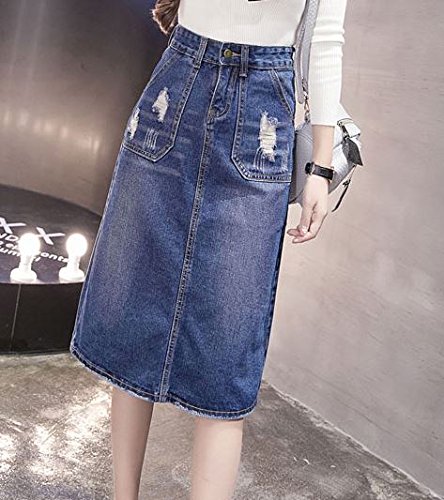 (ALLURE) レディース デニム Aライン スカート クラッシュ ダメージ ミモレ丈 無地 ブルー AF0510