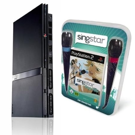 PlayStation 2 - PS2 Konsole, black + SingStar Pop Hits (inkl. Mikrofone)
