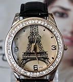 New Crystal Eiffel Tower Lady Women Girl Black Leather Quartz Wrist Watch Gift
