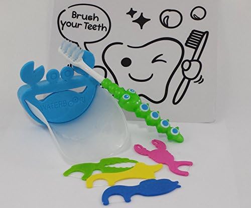 Childrens Oral Hygiene Kit - Fun For Kids - Faucet Extender - Bathroom Wall Decal - Toothbrush - Cartoon Floss -