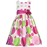 Rare Editions LITTLE GIRLS 4-6X FUCHSIA-PINK LIME-GREEN TRIPLE ROLLED ROSETTE BUBBLE DOT SHANTUNG Special Occasion Wedding Flower Girl Easter Party Dress.
