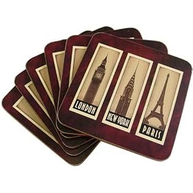 European Cities French design boxed set of 6 hardboard and cork coasters by Sisson